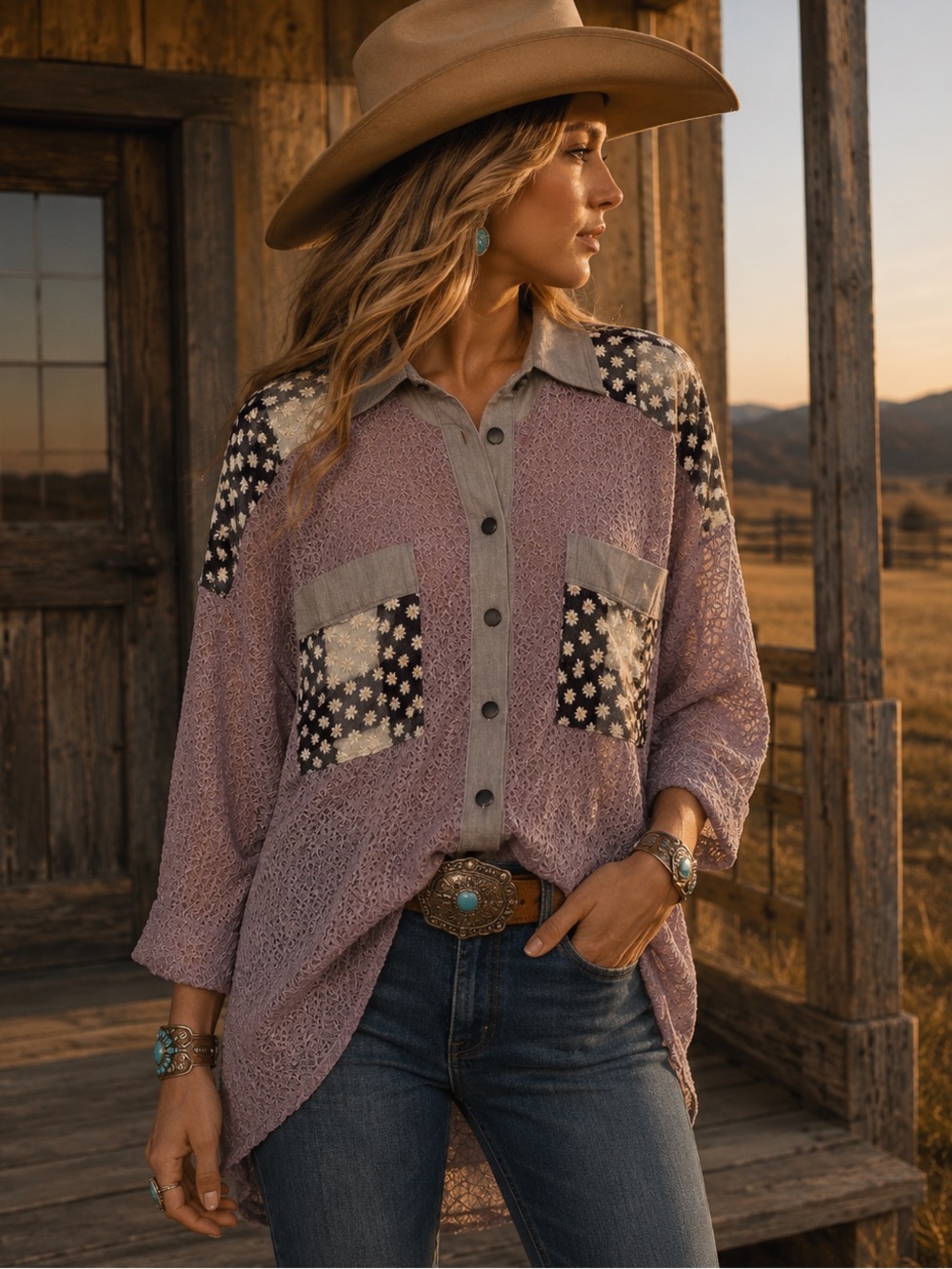 POL Small Oversized Knit and Crochet Button Down Top in the color Grey Lilac